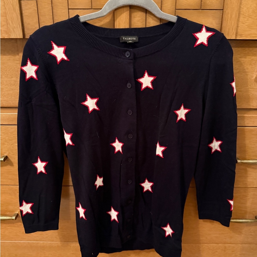 Talbots Women’s BNWT Cardigan XS Classic Peppy Knit Navy Red Stars 4th of July - Picture 2 of 7